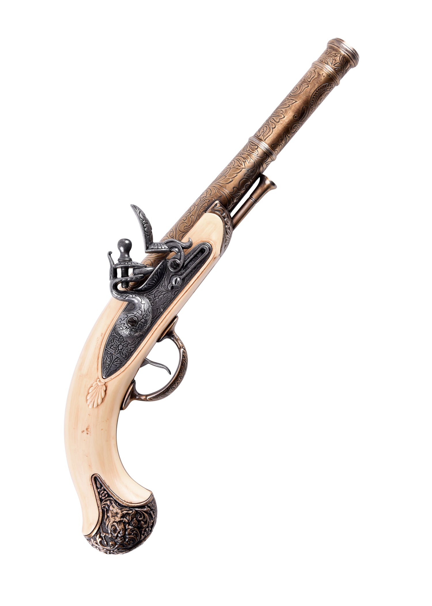Pistolet pirate à silex façon ivoire et laiton Queen Anne, 18e siècle Pirates Wares
