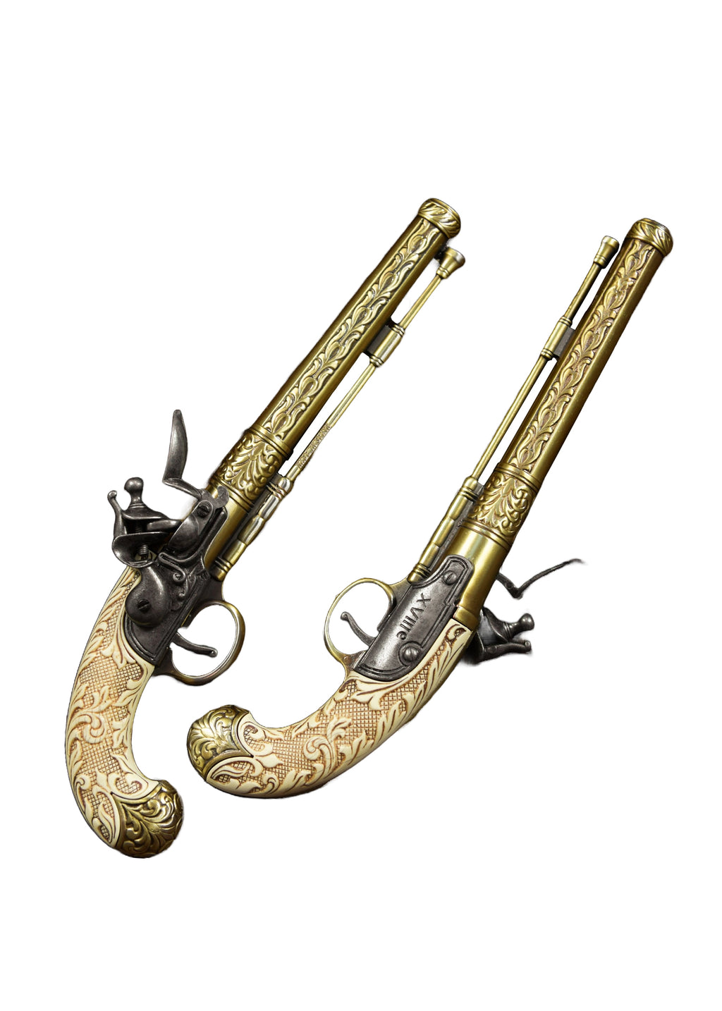 Pistolets de pirates laiton, crosse façon ivoire, set de 2, 18e siècle Pirates Wares