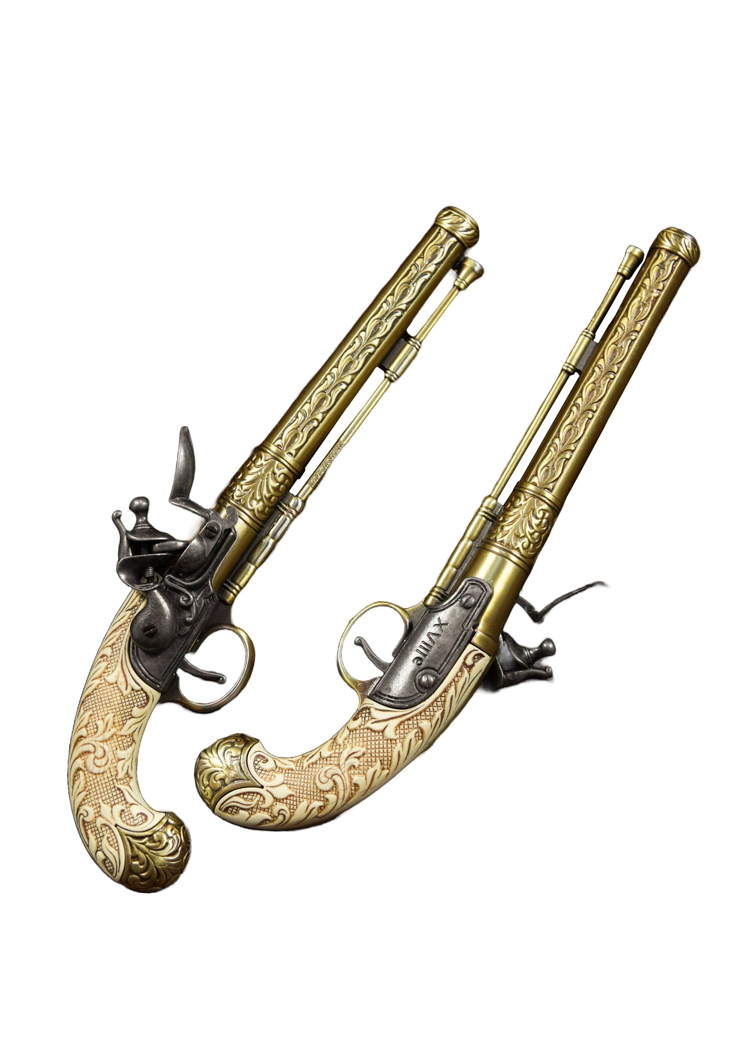 Pistolets de pirates laiton, crosse façon ivoire, set de 2, 18e siècle Pirates Wares